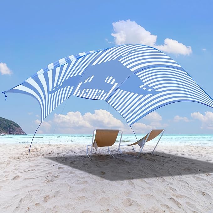 Beach Wind-Powered Shade Canopy Portable Sun Shelter Tent UPF 50+ UV Protection Lightweight Easy Set Up 150 Sq. Ft. of Shade for 3-6 PeopleRegatta Manta Rays Stripe