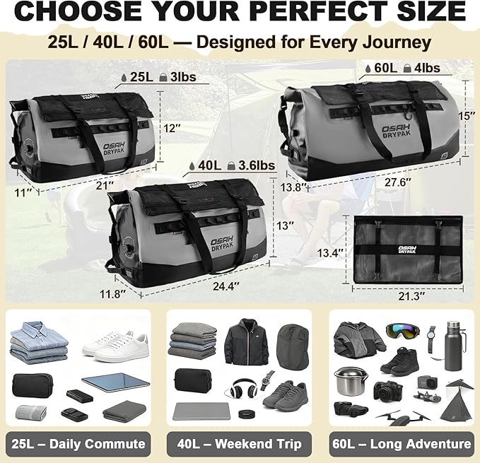 OSAH DRYPAK Waterproof Duffel Bag 25L/40L/60L – Heavy-Duty Motorcycle Tail Bag Roll-Top Dry Bag for Travel Camping Boating Kayaking Outdoor Adventure
