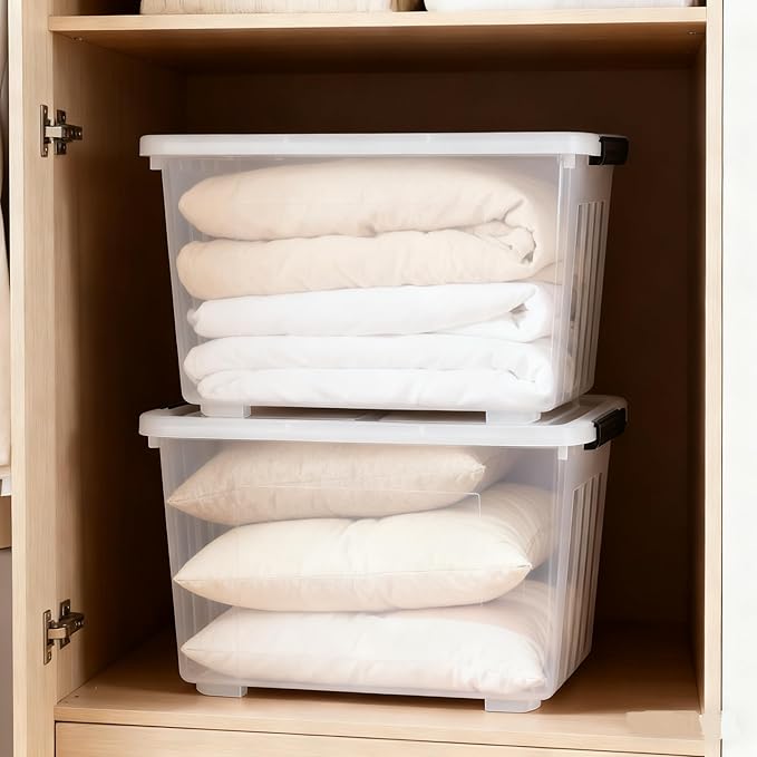 Xyskin 4-Pack 50 Quart Heavy Duty Plastic Storage Bins Stackable Containers with Clear Lids &amp BlackLatches for Bedding Clothing Holiday Decor Ideal for Garage &amp Closet