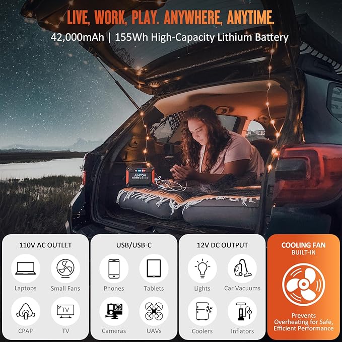 AIMTOM 155Wh Portable Power Station with 30W Solar Panel – 150W Peak/110V AC 18W USB-C 2x USB-A &amp 12V DC – Solar Generator for Camping Home RV Travel &amp Emergencies