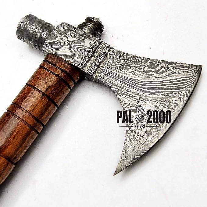 PAL 2000 KNIVES Custom Handmade Damascus Steel Axe - Hatchet Tomahawk Axe Knife Solid Rose Wood Handle - Inch - Ax