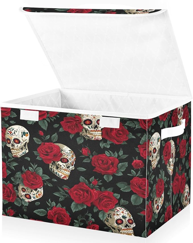 Storage Bins with Lids Storage Containers Box Organizer Bin Basket with Handles for Closet Shelves Clothes Stackable Foldable Decorative Mexico Skull Rose Flowers Red
