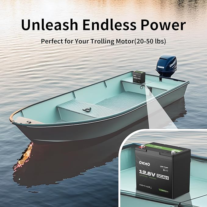 OKMO 12V 50Ah Trolling Motor LiFePO4 Lithium Battery Mini 10 Years lifetime 8000+ Deep Cycles for 30~50lb KayakMarine MotorBoatCamper Power Wheels Toys Iron Phosphate