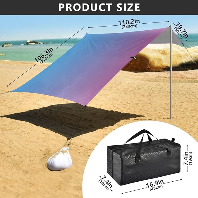 Blue Gradient Design Beach Tent &amp Canopy UPF50+ Protection Water-Resistant Portable Sun Shelter with Sand Pockets for Family Trips Picnics &amp Camping