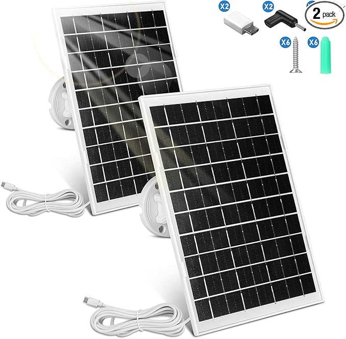 8W Solar Panel for Security Camera 2 Pack 5V Solar Panel Charger is Compatible with WYZE Battery Cam Pro Eufy Camera &amp Arlo Essential Spotlight/XL Spotlight Camera with Micro USB DC USB-C Por