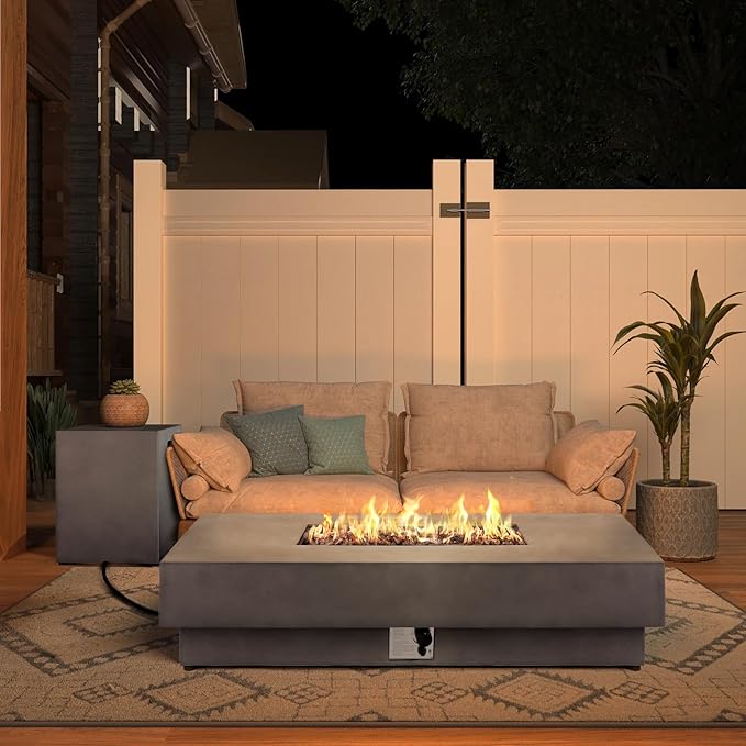 60-inch Outdoor Propane Fire Pit Table Set - 2-Piece 50000 BTU Concrete Large Rectangular Fire Table with Lid Propane Tank Table Lava Rocks Rain Cover - Perfect Firepit for Outdoor Use