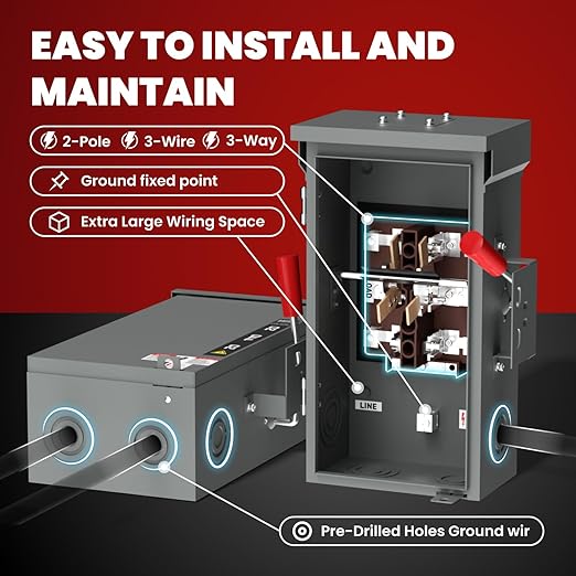 200A Manual Generator Transfer SwitchHeavy Duty 48000W General Double-Throw Safety Switch 120/240 Volt Transfer Switch for Home Generator Indoor &amp Outdoor