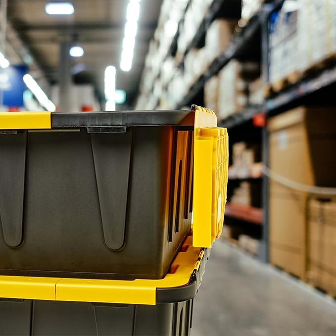 HOMZ 6-Pack Durabilt Tote Heavy Duty Plastic Storage Bins with Lids 15 Gallon Black/Yellow - Stackable Organizing Containers for Home Garage and Office