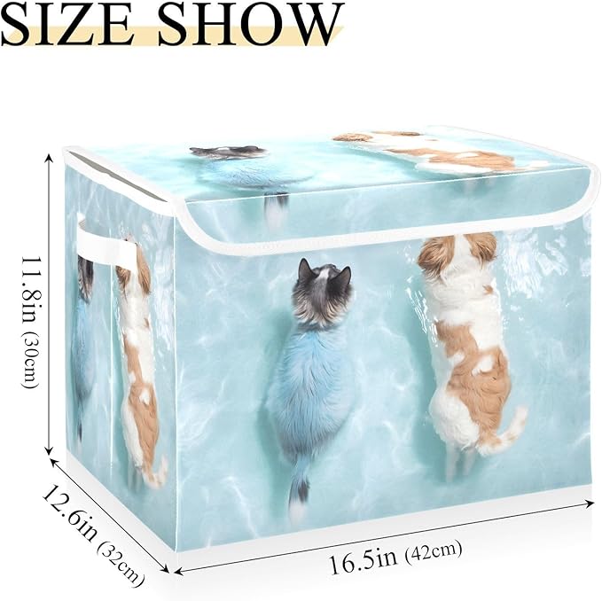 Storage Cube with Lid Swimming Dog Cat Print 16.5×12.6×11.8 IN Collapsible Large Capacity Foldable Storage Basket Bin Organizer