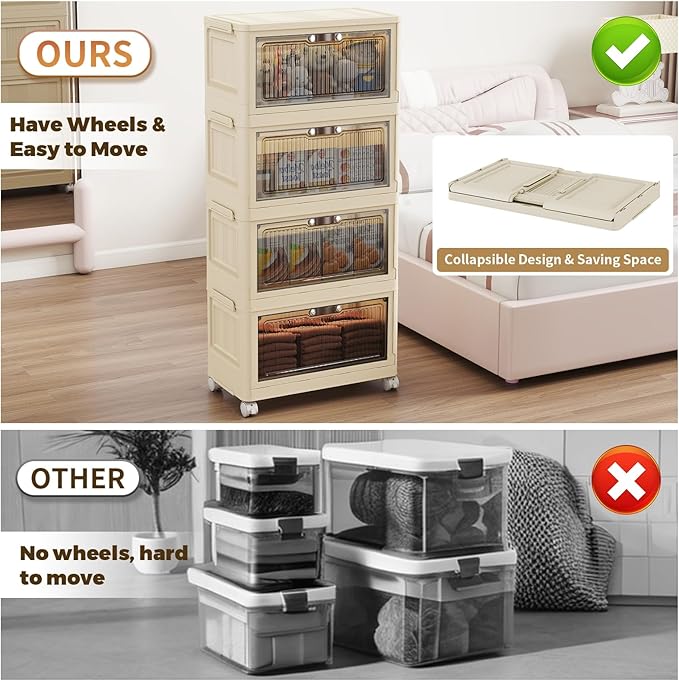 4 Tier - 34QT Storage Bins with Lids Collapsible Storage Bins with Doors and Wheels Plastic Storage Cabinet for Easy Storage and Organization for Living Room Office