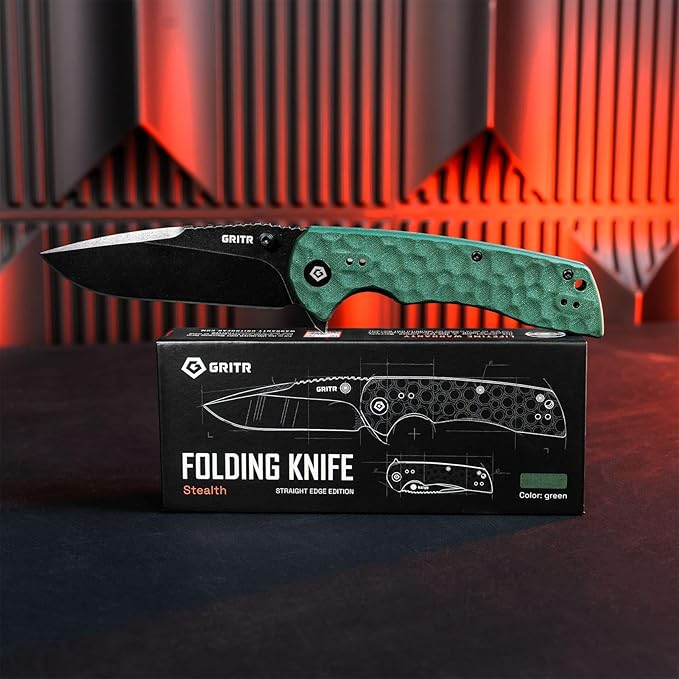 GRITR Stealth Folding Pocket Knife w/ 3.5 D2 Steel Blade for Military Hunting Camping Hiking – Green Handle Non-Serrated Blade with Stonewashed Finish