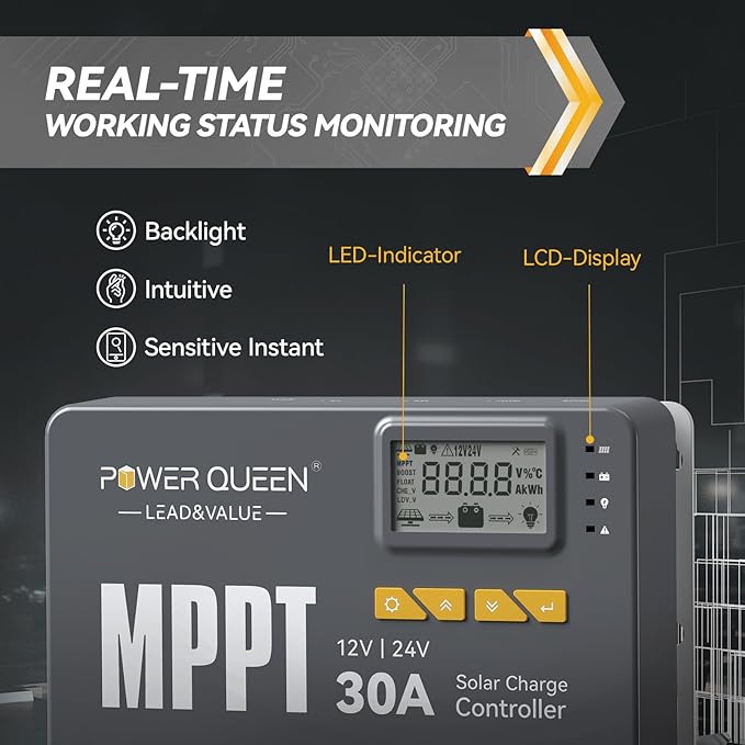 Power Queen 12/24V 30 Amp MPPT Solar Charge Controller with Built-in Bluetooth Support Remote Monitoring Default for LiFePO4 Batteries and Compatible with Sealed Flooded Gel and Lead-Acid Battery
