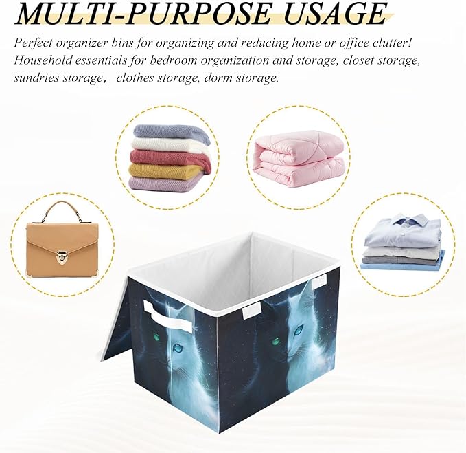 Two Face Cat Storage Cube Bins Basket with Lid Collapsible Flip-top Fabric with Handle for Home Bedroom Closet Office 16.5×12.6×11.8 in