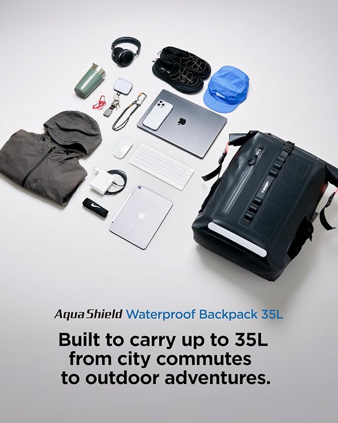 Spigen for Waterproof Backpack IPX6 35L Roll Top Travel Rucksack Fits up to 16 Inch Laptop Multi-Compartment Bag Ventilated Back Chest Strap Hiking Camping Swimming Canoeing Fishing
