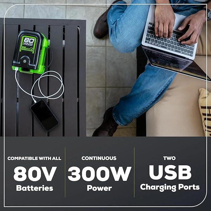 Greenworks Pro 80V (300 Watt) Power Inverter 120V AC for Charging Small Electronics Smart Phones Tablets Small Televisions Tool-Only IV80A00