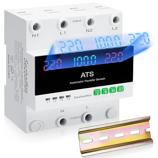100A 220V Automatic Transfer Switch 2P Dual Power Select Interruptor Electrical Changeover Switch with LED Display Mini ATS Din Rail Mount 50/60Hz CE Certified for Home Backup Power