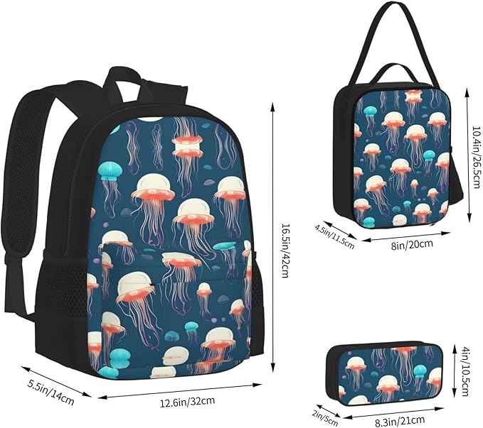 3pcs Backpack Sets Jellyfish Pattern Printed Backpacks Set With Lunch Bag Pencil Pouch