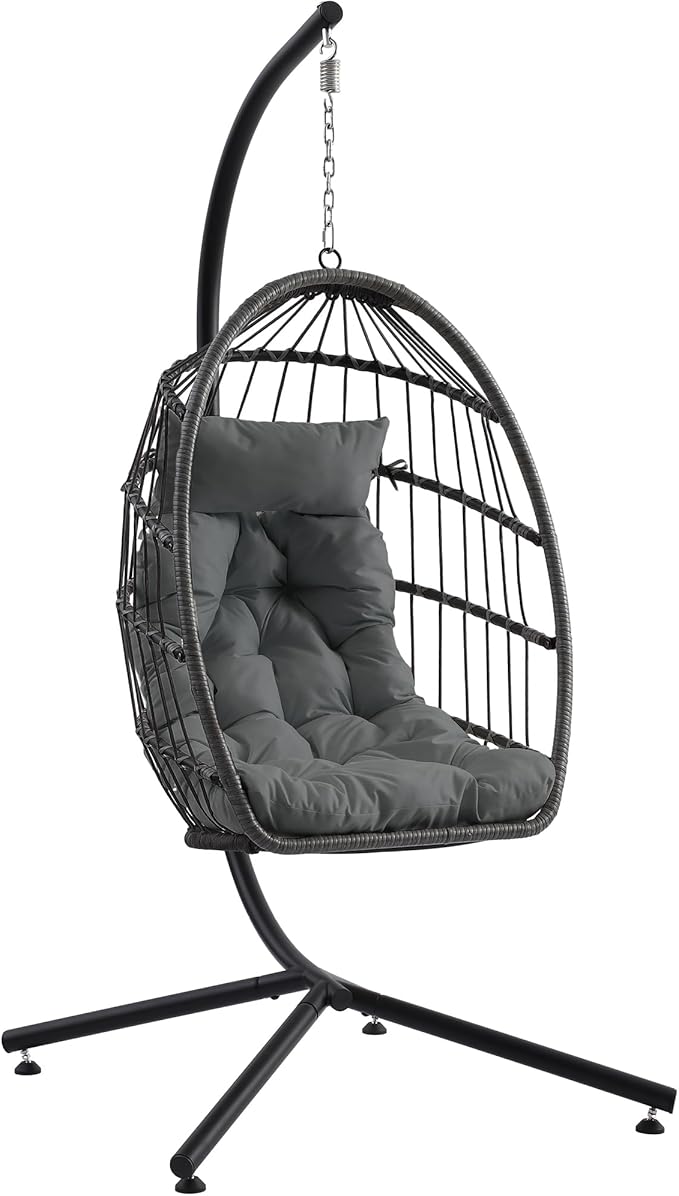 Hanging Egg Chair with Stand Foldable Hanging Chair with Cushion Wicker Rattan Hammock Swing Chair Indoor Outdoor Lounging Chair 350 LBS Capacity for Patio Bedroom Balcony Garden