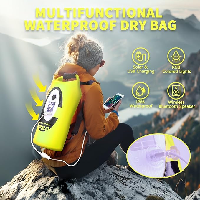 FELICON Solar/Battery Multi-Functional Backpack with Bluetooth SpeakerIP66 Waterproof Dry BagHeavy Duty Roll Top ClosureLarge Capacity Bag for CampingHikingTraveling (Neon Yellow 10L)