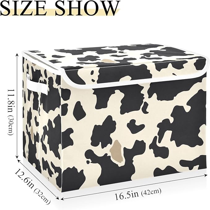 Collapsible Storage Bins with Lids Decorative Fabric Storage Cubes Closet Organizer and Storage Basket Boxes Containers for Clothes Box Chest Nursery Folding Rectangle Beige Black Cow Print