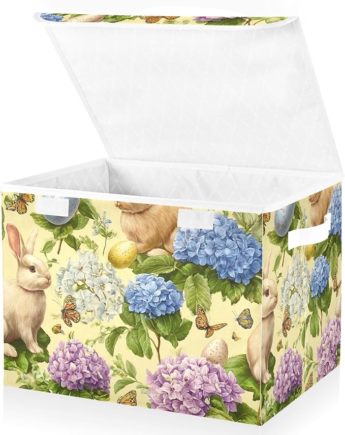 Yellow Easter Bunny Hydrangea Butterfly Storage Box with Lid 1 PC Foldable Storage Bin with Lids Stackable Storage Bins Cube Closet Organizer Basket with Flip-Top Lid &amp Handles for Shoes Books Tow