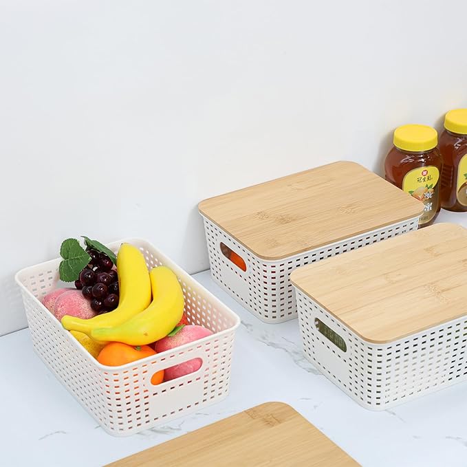 PENGKE Plastic Storage Bins With Lid Stackable Organizing Container Woven Lidded Storage Organizer Baskets for Shelves Drawers Desktop Closet Playroom Classroom Office6 Pack