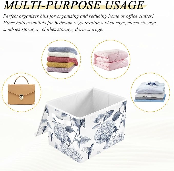 Collapsible Storage Bins with Lids Decorative Fabric Storage Cubes Closet Organizer and Storage Basket Boxes Containers for Clothes Box Chest Nursery Folding Rectangle Ink Blue Hydrangea Humm