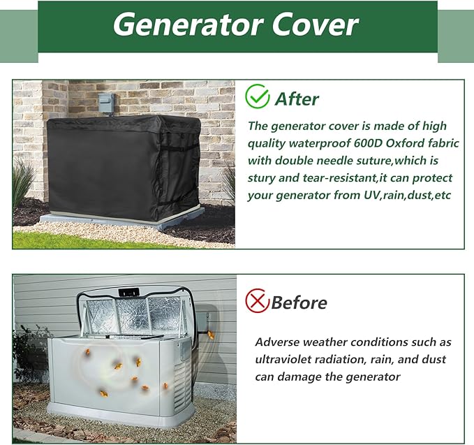 Generator CoverHeavy Duty 600D Waterproof Generator Cover for 7043 22kW Air Cooled Series Home Standby Generator Black