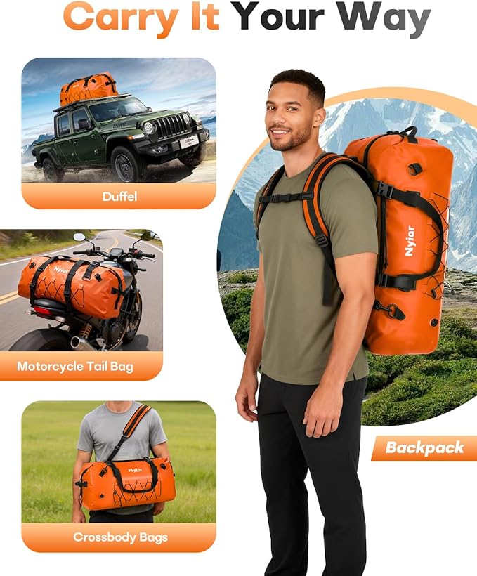 60L Waterproof Duffel Bag Motorcycle Dry Bag Backpack Heavy-Duty Roll-Top Waterproof Bag with Sealed Seams &amp Waterproof Zipper for Riding Kayaking Camping &amp Travel (Orange)