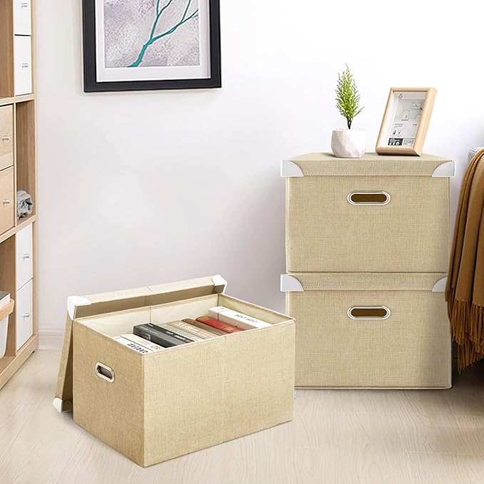 CONTAIL 19.7 58 Quart Collapsible Storage Bins with Foldable LidsStackable Linen Fabric Closet Boxes with Handle19.68”X13.77”X12.2”Khaki