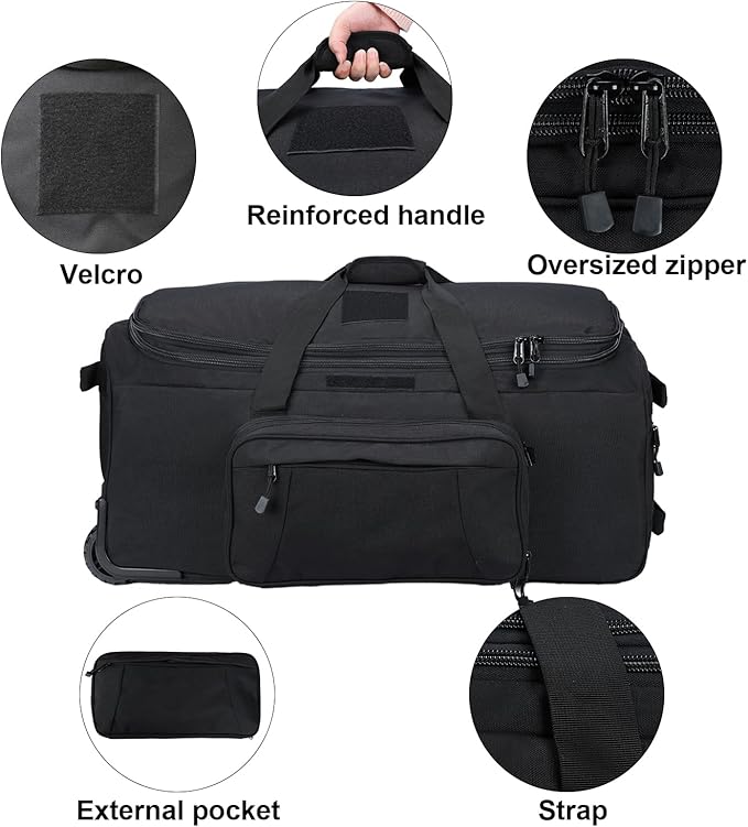 Military Wheeled Deployment Bag Large Tactical Heavy Duty Duffel Bag for Camping Hiking (Black)