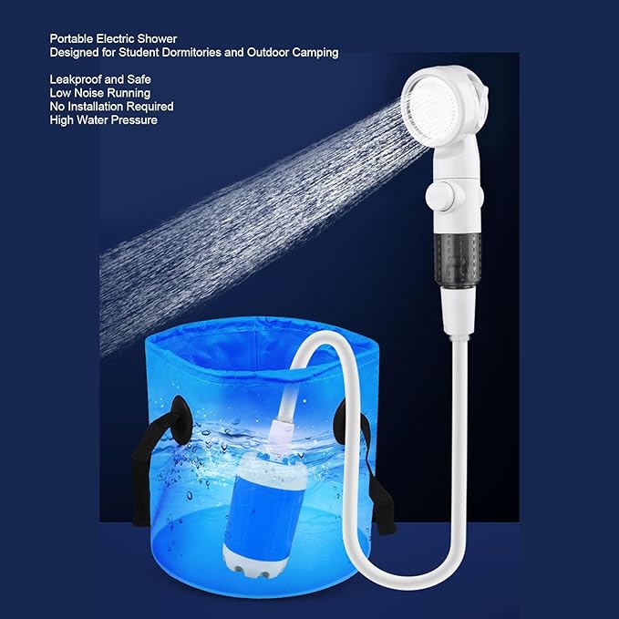 Brrnoo Portable Camping Shower Rechargeable Outdoor Shower Pump with 4000mAh Battery 7.4V 15W Power for Camping Hiking Travel Car Washing Pet Cleaning (Blue)