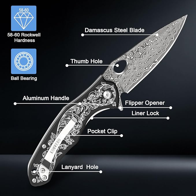 KOMWERO Damascus Pocket Knife with 2.95 VG10 Steel Blade Folding Knife with Aluminum Alloy Non-Slip Handle EDC Knife with Leather Sheath and Pocket Clip for Men Women Camping Survival Hiking