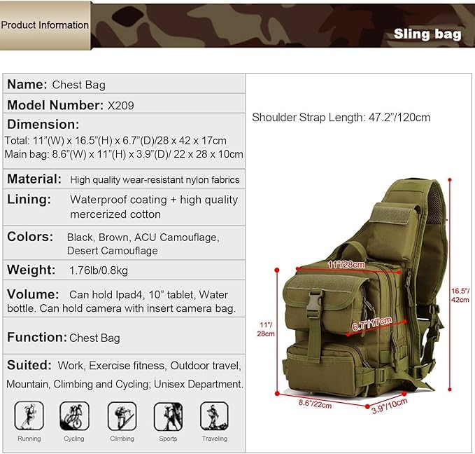 UNISTRENGH Men's Tactical Sling Bag Sling Backpack Military Shoulder Bag MOLLE Assault Range Bag for Outdoor Camping Hunting (Desert Camouflage)