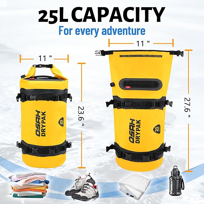 OSAH DRYPAK 25L Waterproof Dry Bag - Motorcycle Luggage Tail Bag with Straps for Back Seat Roll Top Lightweight Waterproof Backpack Sack for Travel Swimming Boating Kayaking Camping and Beach