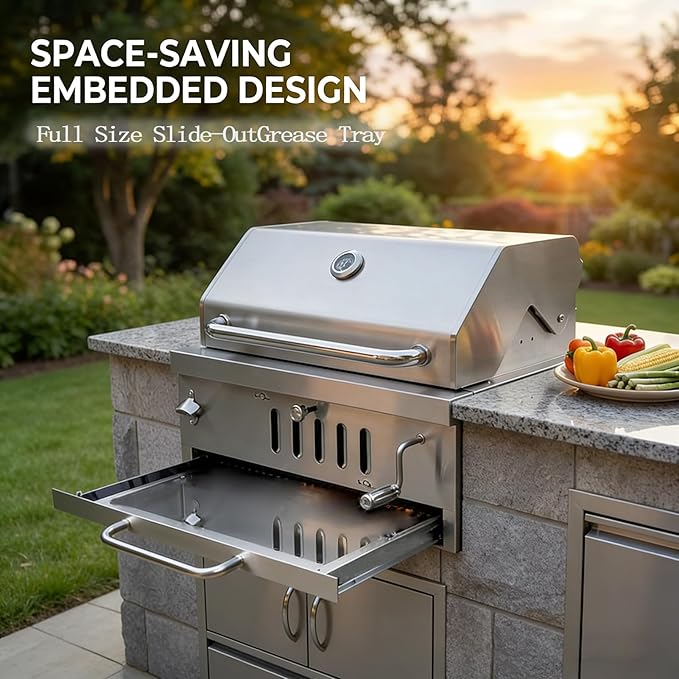 Large Charcoal BBQ Grills Built in Barbecue Grill with Liftable Tray Insulated Hood &amp Temp Gauge Silver Stainless Steel BBQ Barrel Grill for Outdoor Kitchen Cooking Family Parties Patio Park St