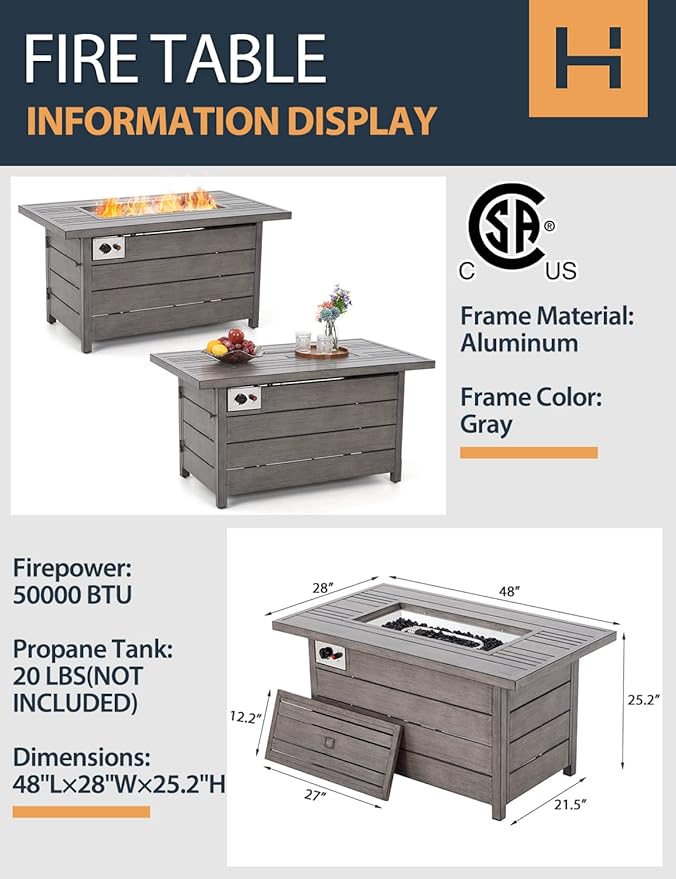 Propane Fire Pit Table HAPPATIO 48inch 50000 BTU Gas Fire Pit with Aluminum Slats Table Top Lid Black Glass Rock Aluminum Fire TableCSA Safety Certified for Outside Patio(Gray)