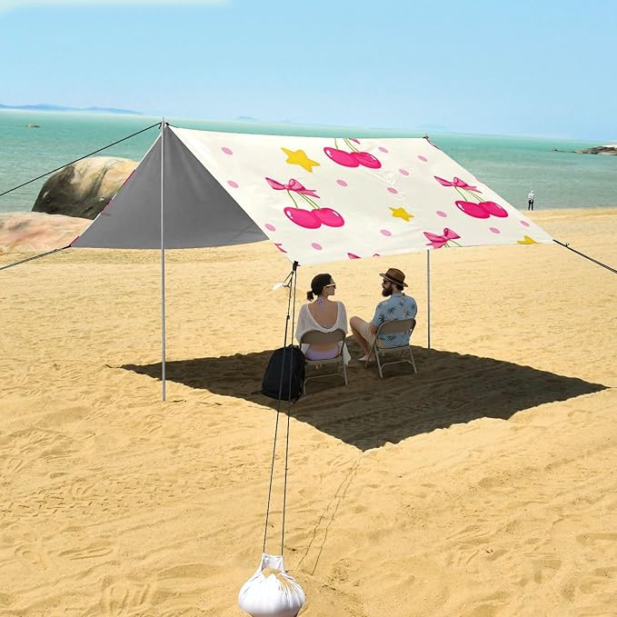 Beach Canopy with Windproof Ropes &amp Sandbags Beach Tent Sun Shade Sun Shelter for Camping Trips Fishing Backyard Fun or Picnics Cherry