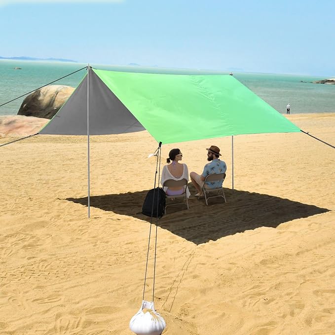 Green Gradient Color Stable Beach Tent UPF50+ Easy Setup Large Sun Shelter with Sand Shovel Sandbags for Family Trips Picnics &amp Camping