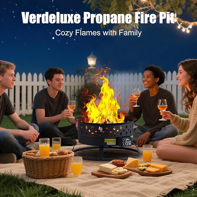 Verdeluxe 22 Inch Portable Propane Fire PitGas Fire Pit for Outside with Lid &amp Handle Smokeless Gas Firepit Bowl with Lava RocksOutdoor Propane Firepits for CampingPatioYardBonfire.(Black)