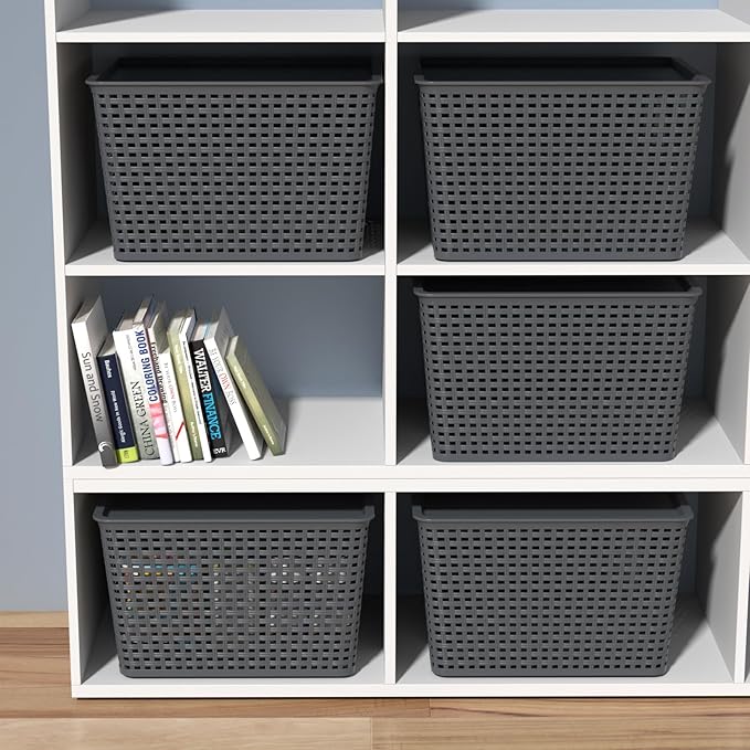 6-Pack Large Plastic Storage Baskets Bins with Lid Ideal for Barthroom Kitchen Pantry Closets Organizing Gray