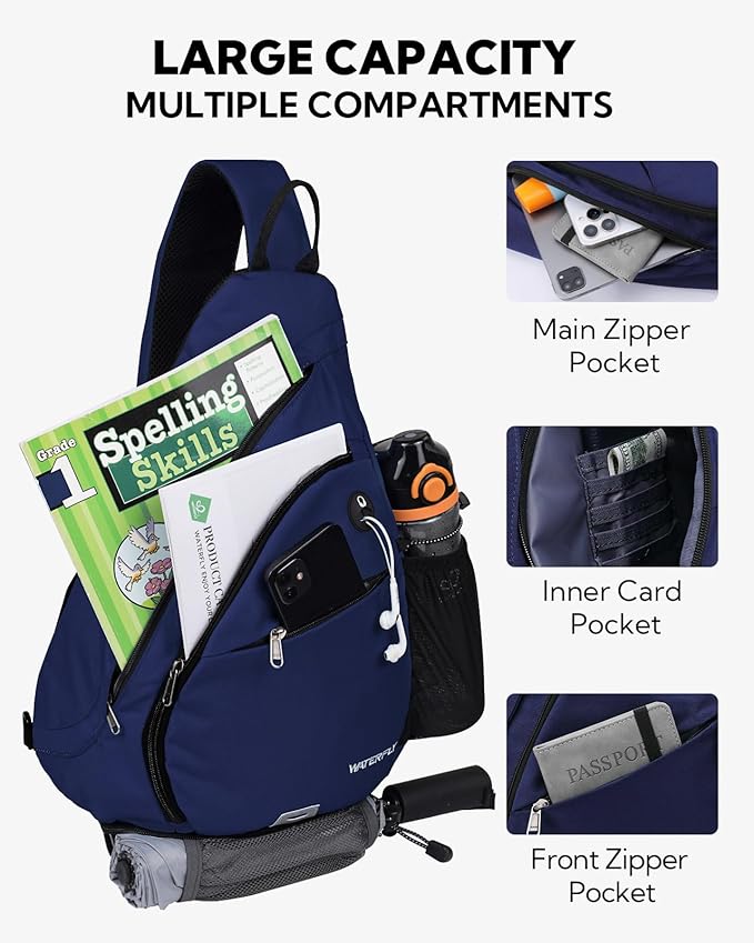 WATERFLY Sling Bag Crossbody Backpack: Over Shoulder Daypack Casual Cross Chest Side Pack (Large Blue)