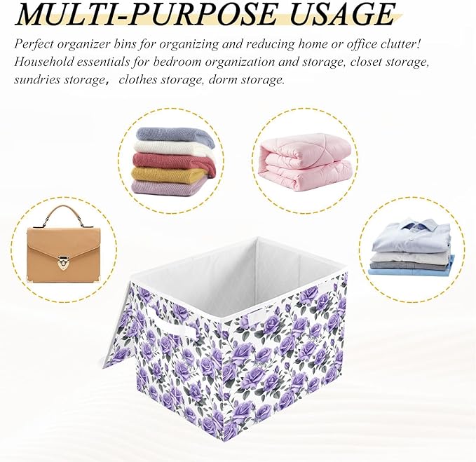 senya Flower Baskets Collapsible Storage Bins with Lids Romantic Purple Roses Storage Boxes Clothes Baskets for Organizing B06D22020