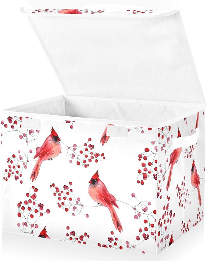 susiyo Large Foldable Storage Bin with Flip-Top Lid Cute Cardinal Birds Storage Box Collapsible Closet Organizer Containers Boxes Decorative Baskets with Handles for Home Bedroom Living Room Office