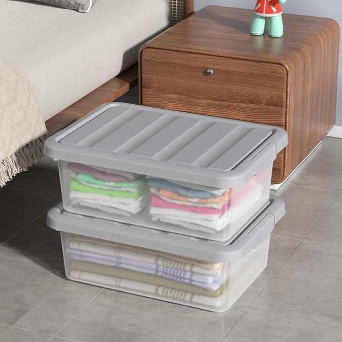 Clear Storage Bin with Lid Plastic Stackable Container Organizer Medium-14 Quart Grey 2 Pack