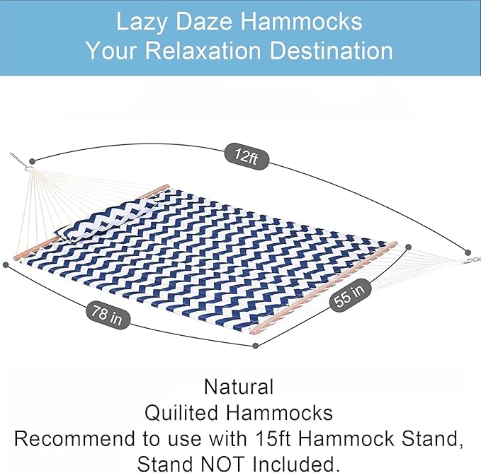 Lazy Daze Hammocks 12FT Quilted Fabric Double Hammock with Spreader Bars and Detachable Pillow 2 Person Hammock for Outdoor Patio Backyard Poolside 450 LBS Weight Capacity Blue Chevron Stripe