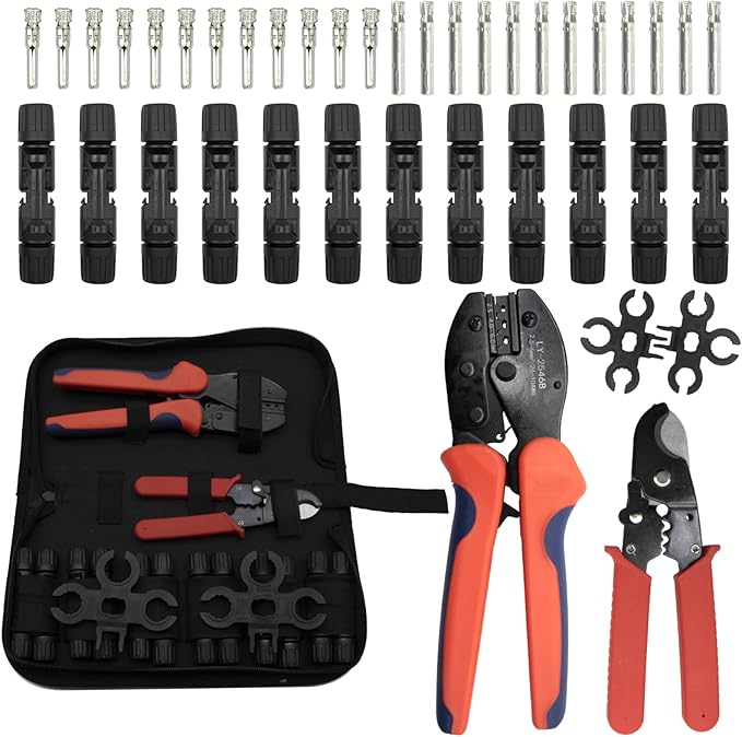 Solar Crimping Tool Kit c/w 12 Pairs Solar Connectors 2 PCS Spanner Wrenches1 PCS Iron Wire Cable CutterSolar Connector Crimper