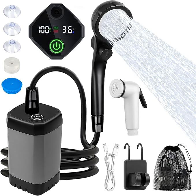 Fohil Portable Shower for Camping 6000mAh Rechargeable Portable Outdoor Shower with Digital Display IPX7 Waterproof Outdoor Camp Pump for Camping Beach Hiking Travelling Pet Cleaning