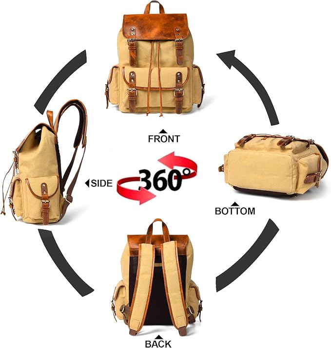 Leather Canvas Backpack Durable Vintage Large Travel Laptop Bag for Men &amp Women Work Hiking School (Tan)