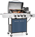 MFSTUDIO 4 Burner BBQ Gas Grill with Side Burner Propane Grills with Porcelain-Enameled Cast Iron Grates 42000 BTU for Outdoor Backyard Barbecue Cooking Blue